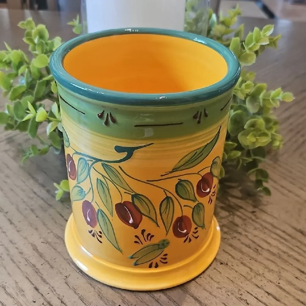 Hand-Painted Yellow Ceramic Utensil Holder with Olive Motif NWOT